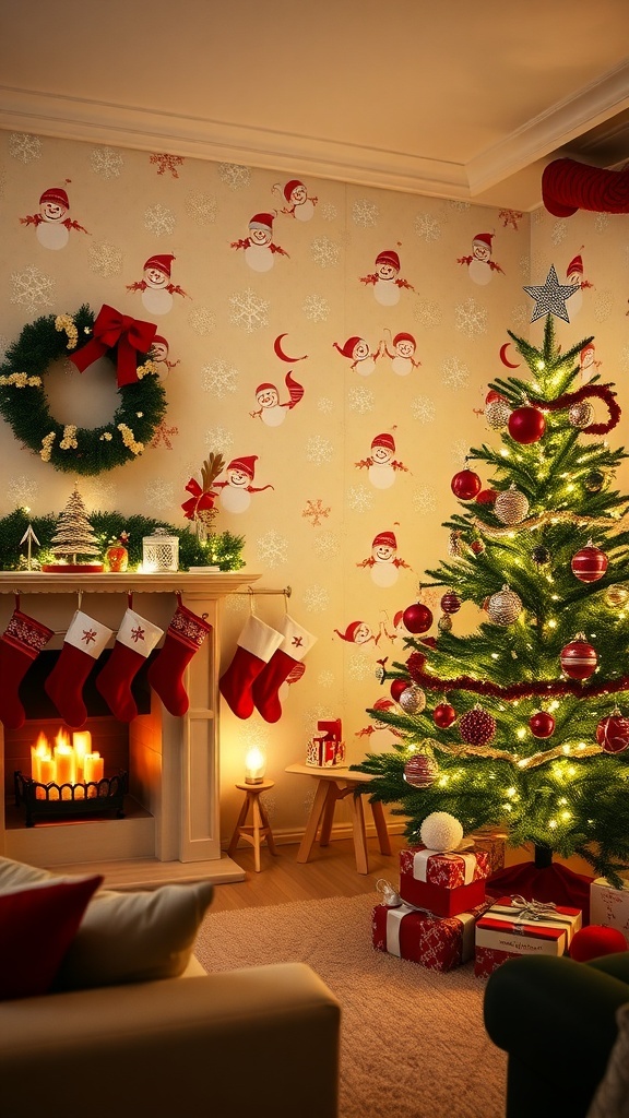 A festive living room with cute Christmas wallpaper of snowmen, decorated with a Christmas tree and stockings.